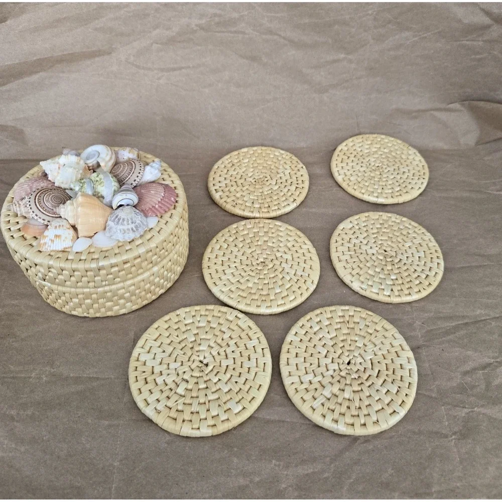 Woven Coasters  (6)‎ w/ Matching Decorative Basket Colorful Shells Beach Coastal